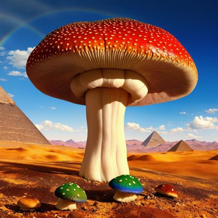 00058-635504217-masterpiece, intricate photo, mushroom with rainbow-colored cap, background enchanted mountainous desert in egypt, fantasy art,.jpg